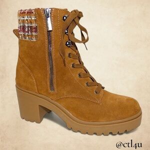 Steve Madden Jaydin Suede Lace-Up Booties Lug Sole Block Heel Tweed Collar Tan 9